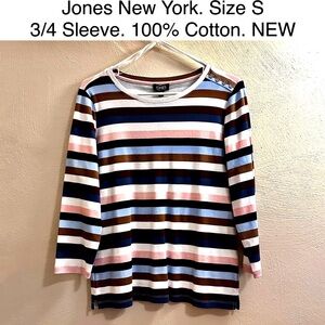 Jones New York Striped 3/4 Sleeve Top Cotton Multicolored Light Sweater Tee